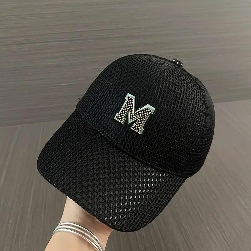 Mesh Baseball Cap with Letter Patch (Black)