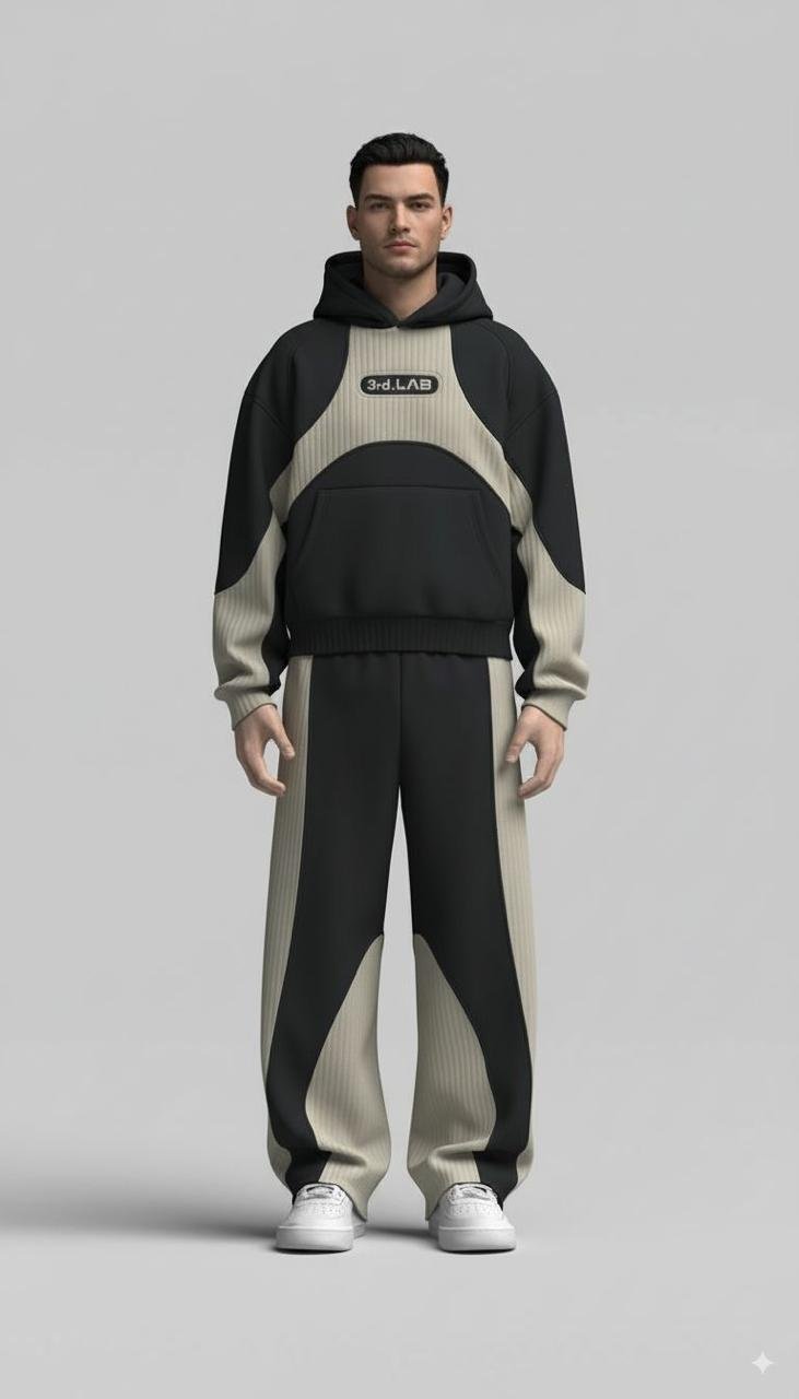 Colour-Block Panel Hoodie Set (Black and Beige)