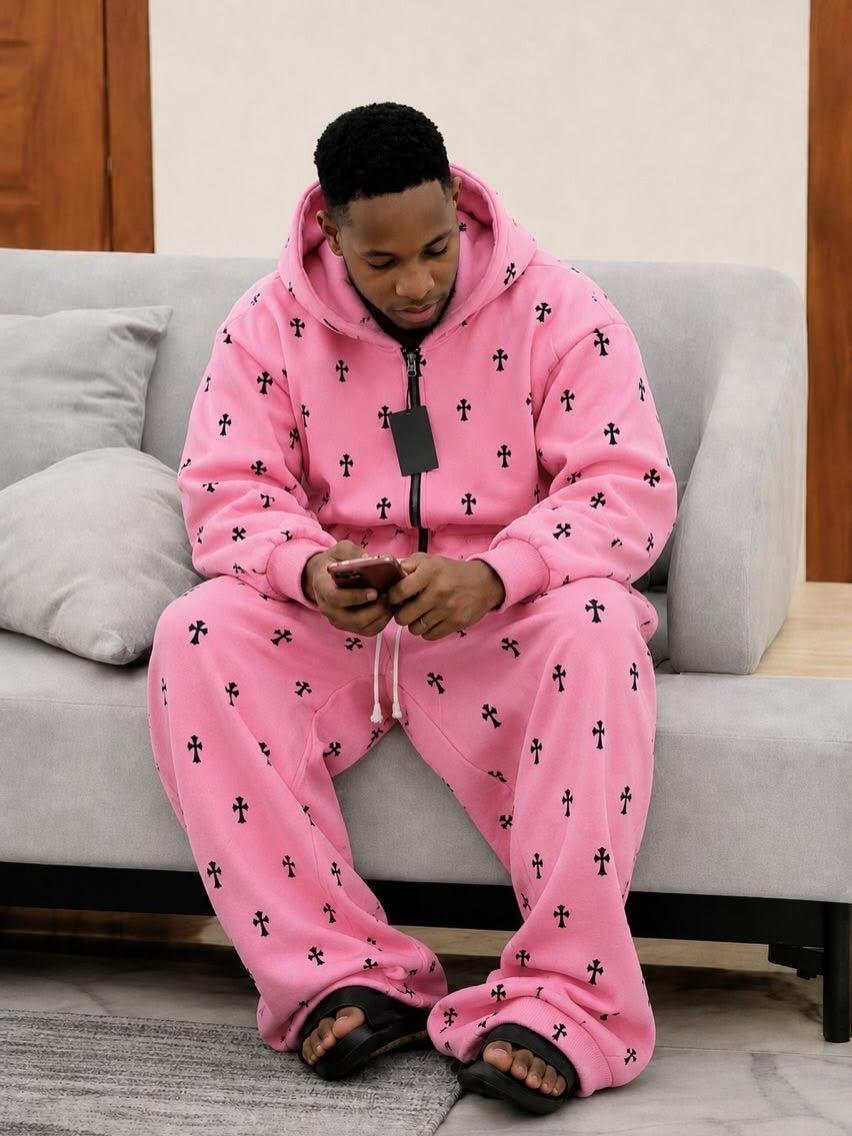 Cross Pattern Zip Hoodie Set (Pink)