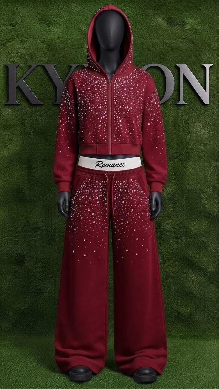 Rhinestone Zip Hoodie and Wide-Leg Set (Burgundy)